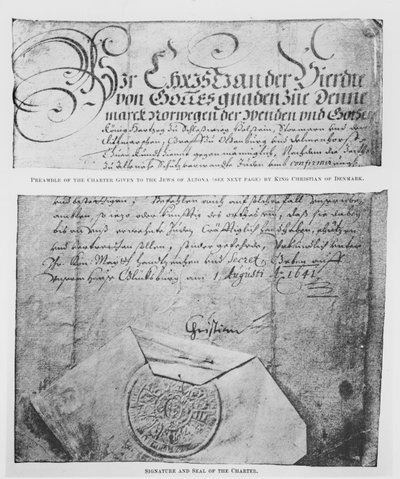 Preambule, handtekening en zegel van het Handvest gegeven aan de Joden van Altona door Koning Christian van Denemarken door Danish School